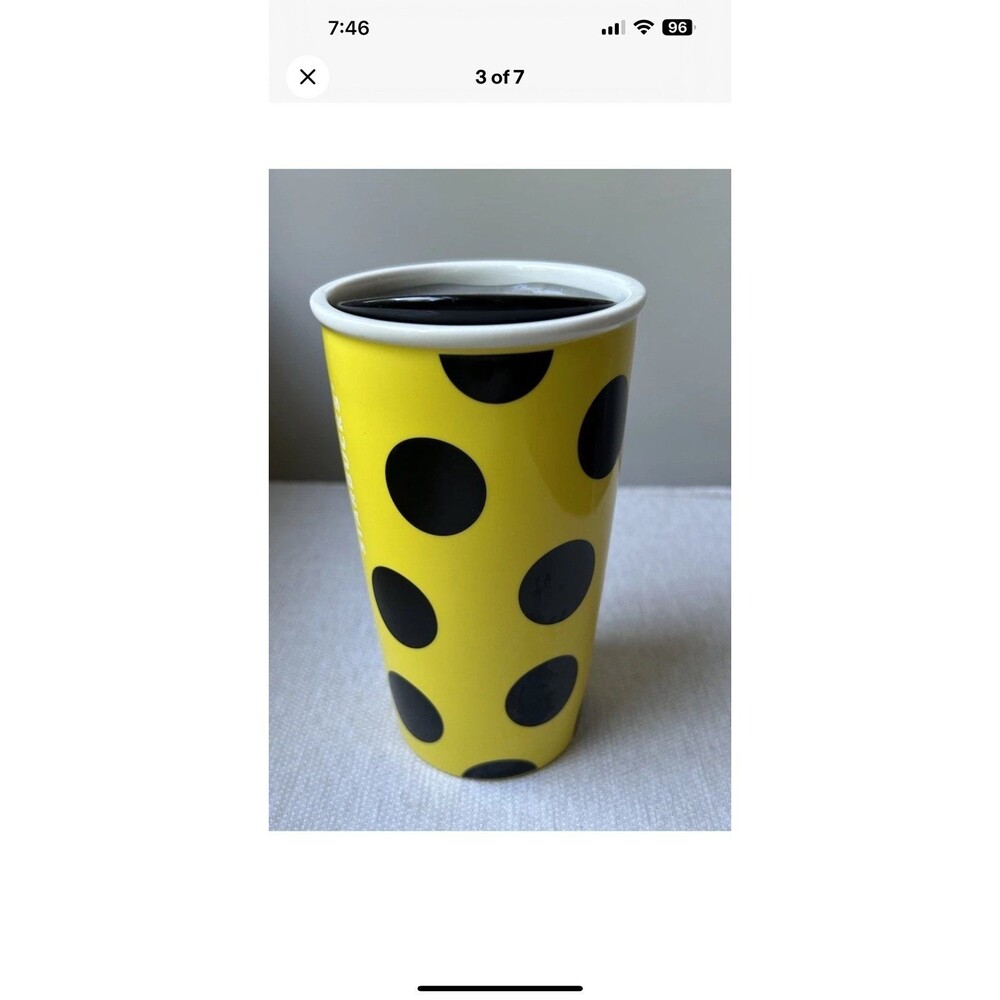 Starbucks 2015 Citron Yellow Polka Dot Ceramic Tumbler Travel Coffee Mug 12 oz - Picture 3 of 7